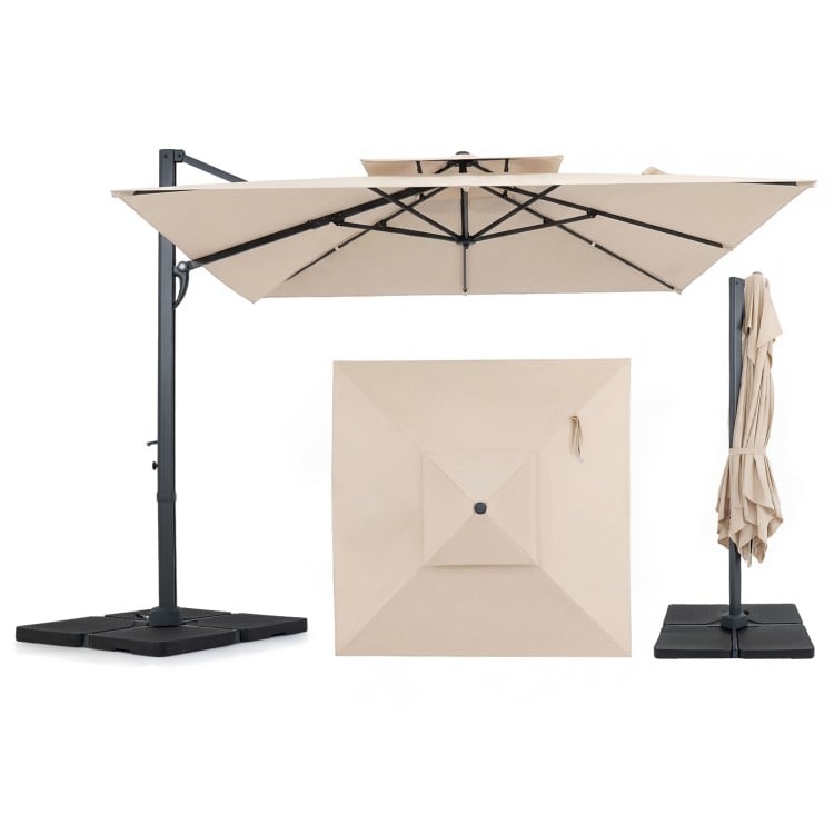 10 FT cantilever umbrella with aluminum pole and 220 lbs base in beige, ideal for outdoor patio shading.