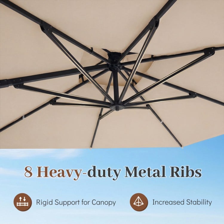 Heavy-duty metal ribs of the 10 FT aluminum cantilever umbrella provide rigid support and increased stability.