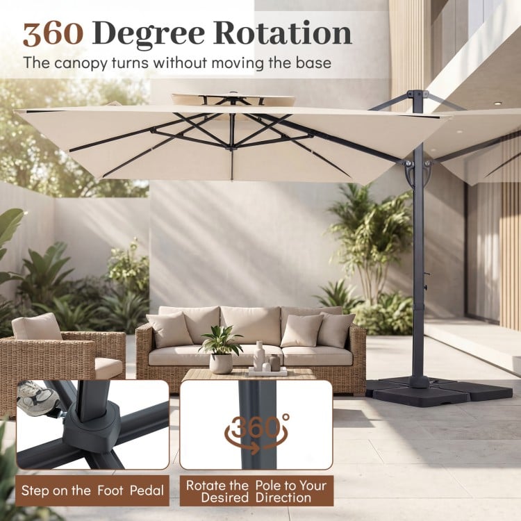 Beige 10 FT aluminum pole patio cantilever umbrella with 360-degree rotation, ideal for outdoor relaxation.