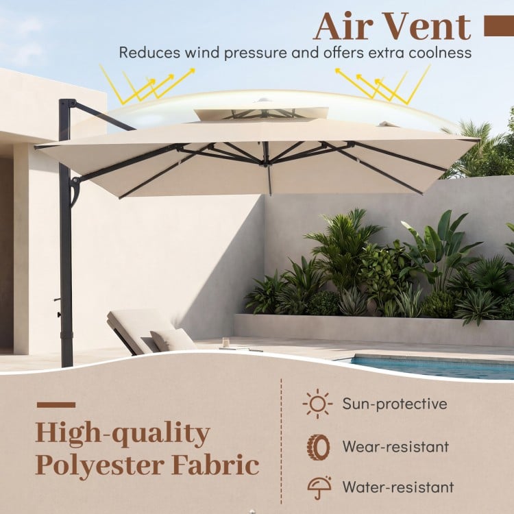 10 FT cantilever umbrella with beige high-quality polyester fabric, featuring an air vent for enhanced coolness by the.