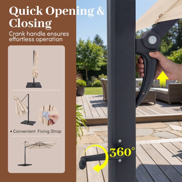 10 FT aluminum pole patio cantilever umbrella with crank handle for easy opening, featuring a beige canopy and.