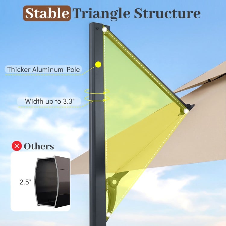 Close-up of the 10 FT aluminum pole of a beige cantilever umbrella showcasing its stable triangle structure for outdoor.