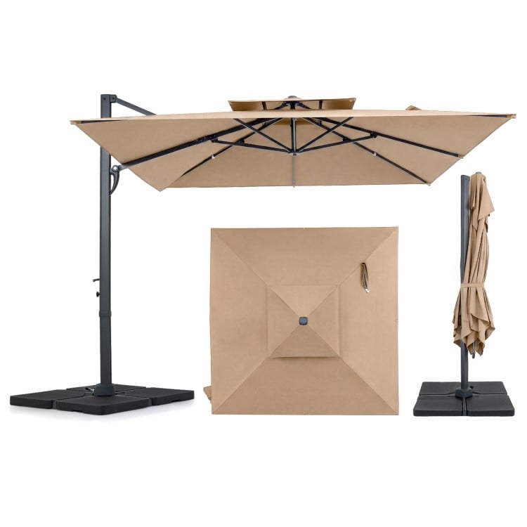 10 FT cantilever umbrella with aluminum pole and 220 lbs base in brown, ideal for outdoor patio shading.