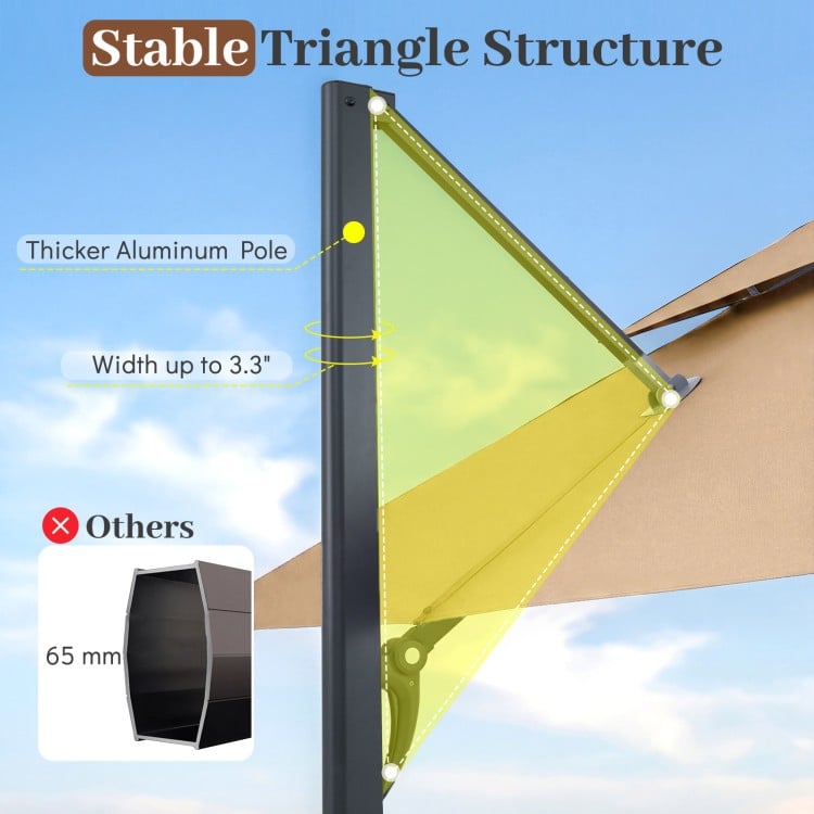 Thicker aluminum pole detail of the 10 FT brown patio cantilever umbrella with stable triangle structure.