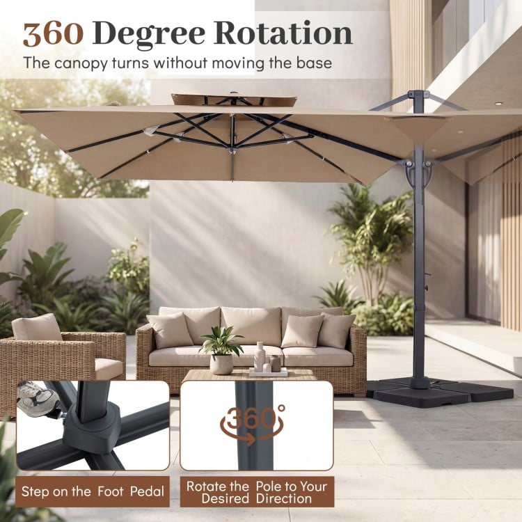 Brown 10 FT aluminum pole patio cantilever umbrella with 360-degree rotation, ideal for outdoor shade and comfort.