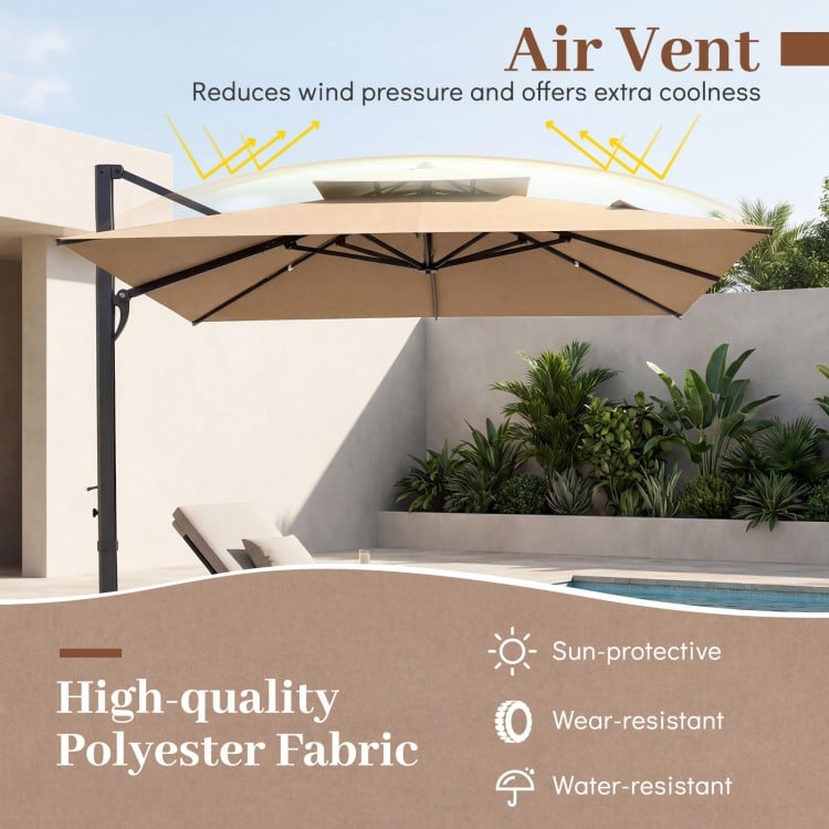10 FT cantilever umbrella with aluminum pole and brown polyester fabric, ideal for outdoor patio shade and protection.