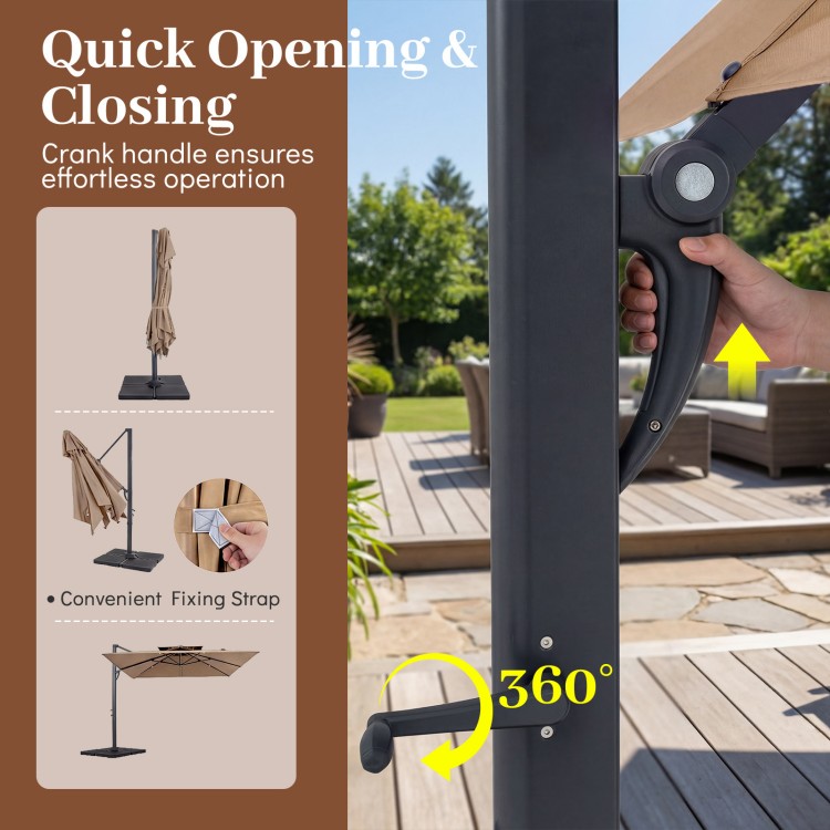 Patio cantilever umbrella with aluminum pole and crank handle for easy opening, shown with convenient fixing strap.