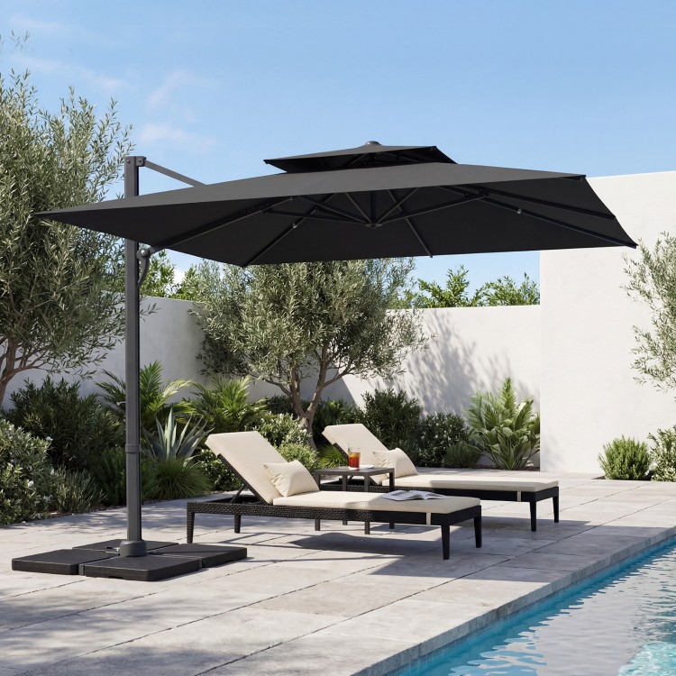 Gray 10 FT aluminum pole cantilever umbrella with 220 lbs base, ideal for providing shade by the poolside.