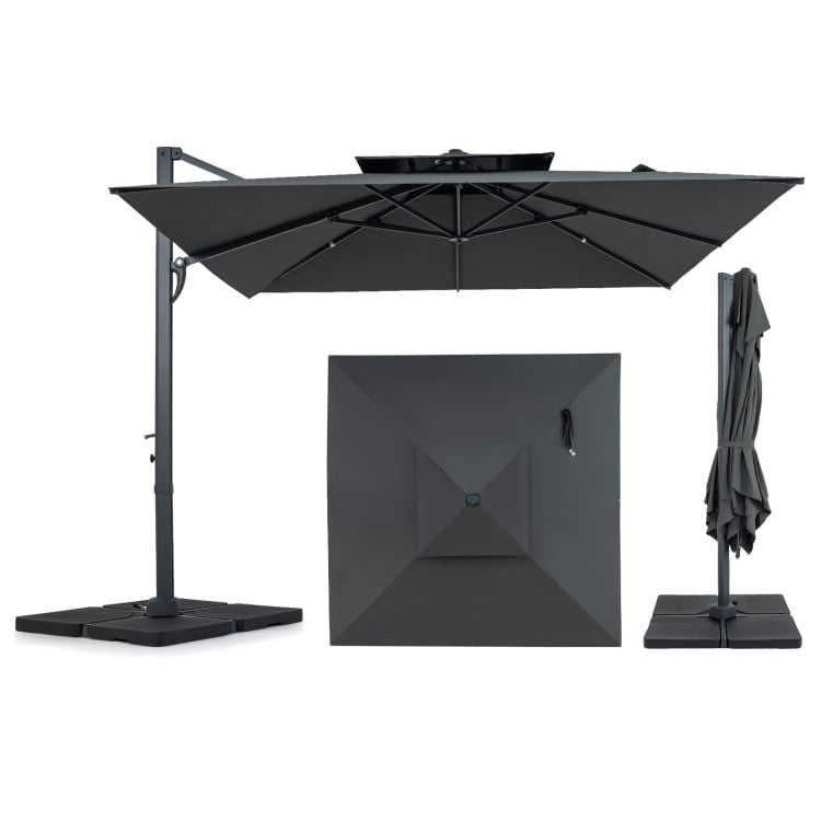 10 FT gray cantilever umbrella with aluminum pole and 220 lbs base, ideal for outdoor patio shade.