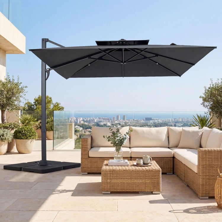 Gray 10 FT aluminum pole cantilever umbrella with a sturdy 220 lbs base, perfect for outdoor patio shade.