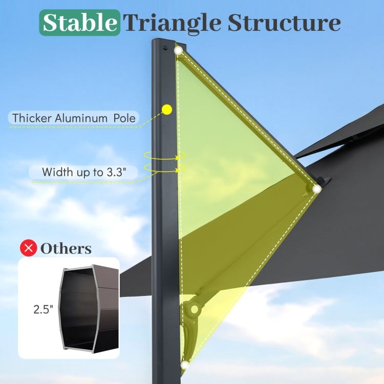 Close-up of the stable triangle structure of a 10 FT gray patio cantilever umbrella with a thicker aluminum pole.