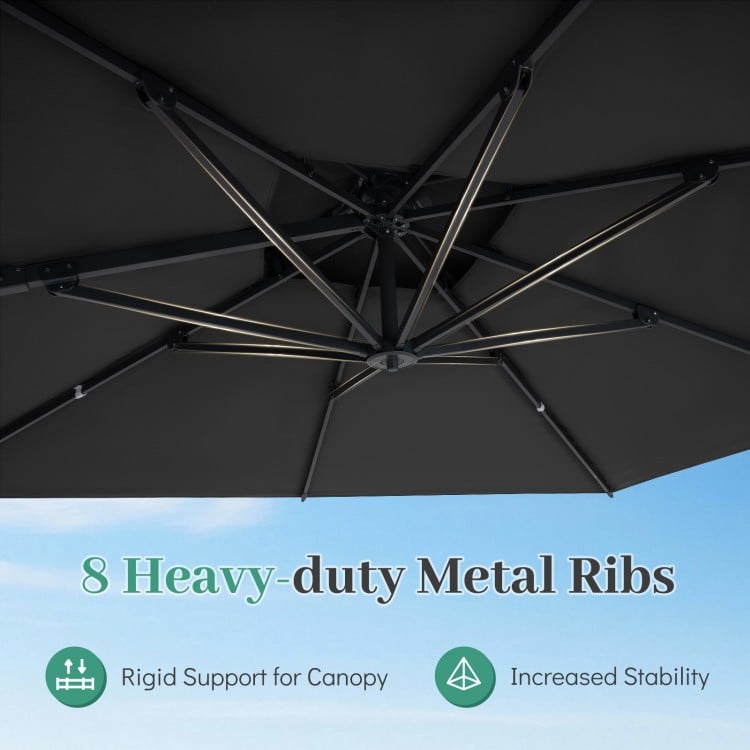Heavy-duty metal ribs of the 10 FT aluminum cantilever umbrella provide rigid support and increased stability.