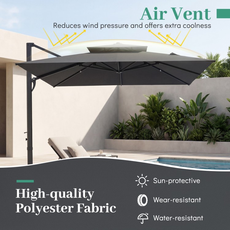 Gray 10 FT cantilever umbrella with aluminum pole and air vent, made of high-quality, water-resistant polyester fabric.
