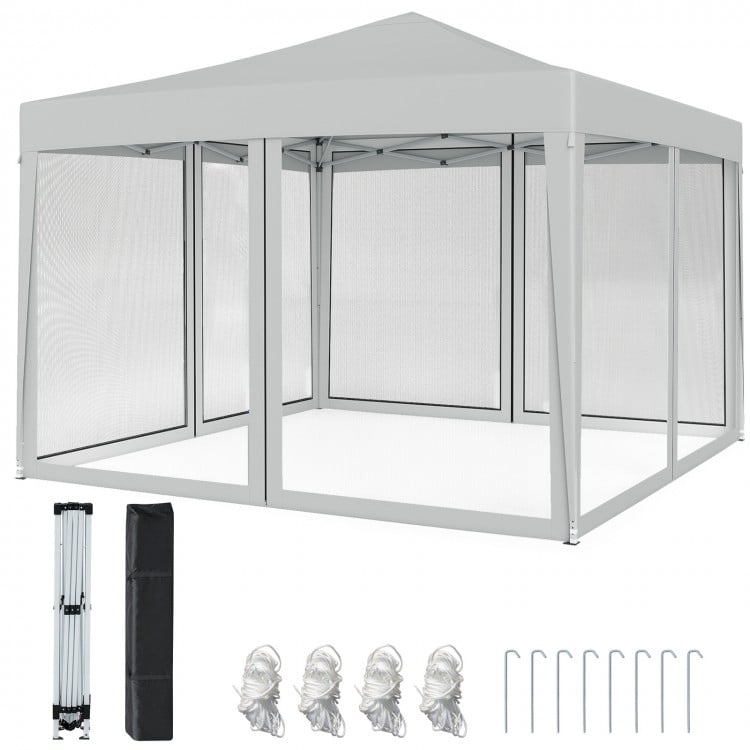 Pop-up canopy tent with beige 210D oxford fabric, featuring mesh netting and removable sidewalls for outdoor events.