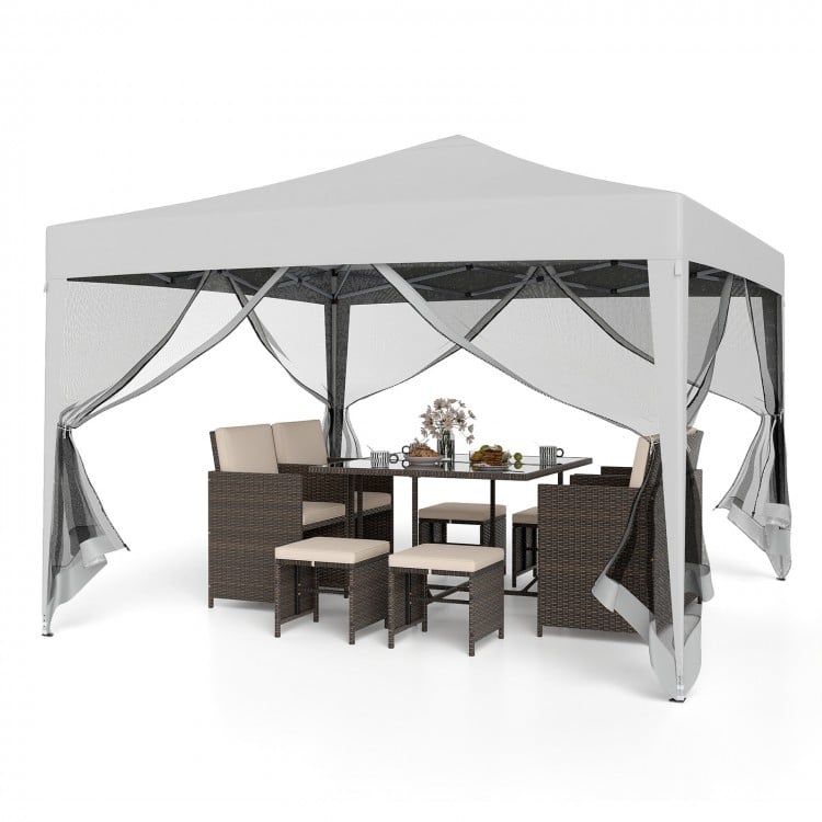 Pop-up canopy tent with mesh netting, beige, 10 FT x 10 FT, ideal for outdoor parties and picnics.