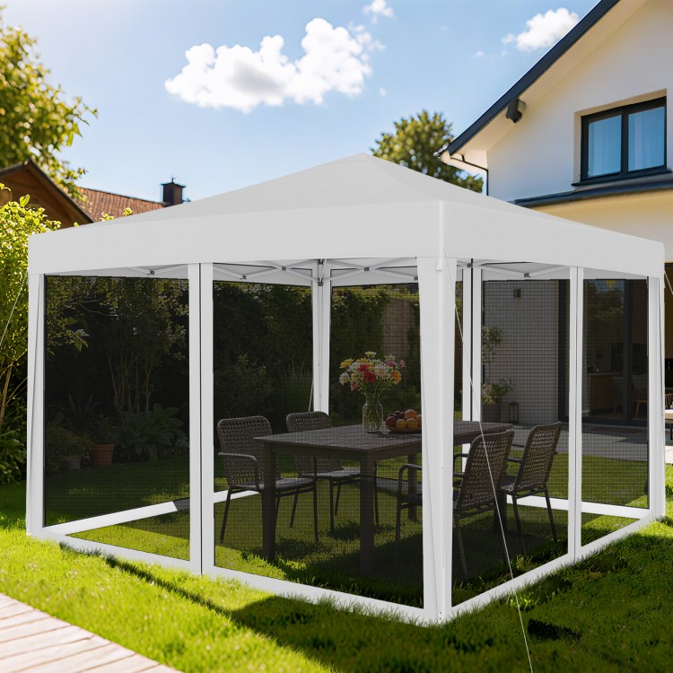 10 FT x 10 FT beige pop-up canopy tent with mesh netting, set up in a garden for outdoor gatherings and events.