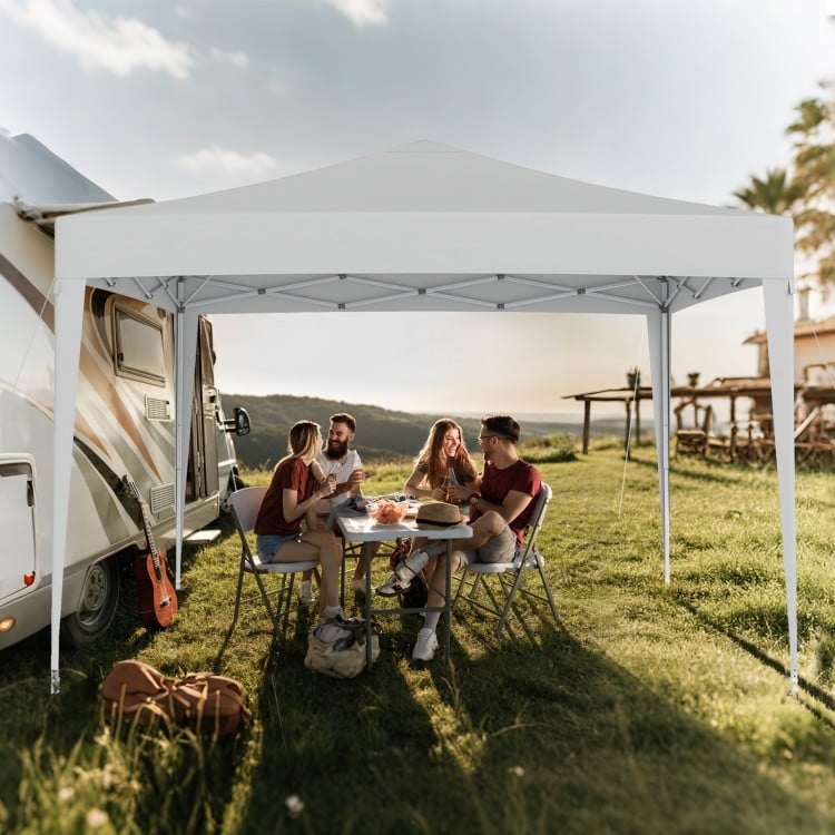 Pop-up canopy tent with mesh netting, ideal for outdoor gatherings, featuring sun-proof fabric and easy setup.