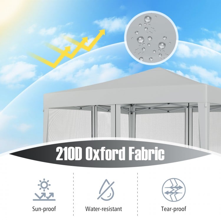 10 FT x 10 FT pop-up canopy tent with beige 210D oxford fabric, featuring mesh netting for ventilation and easy setup.