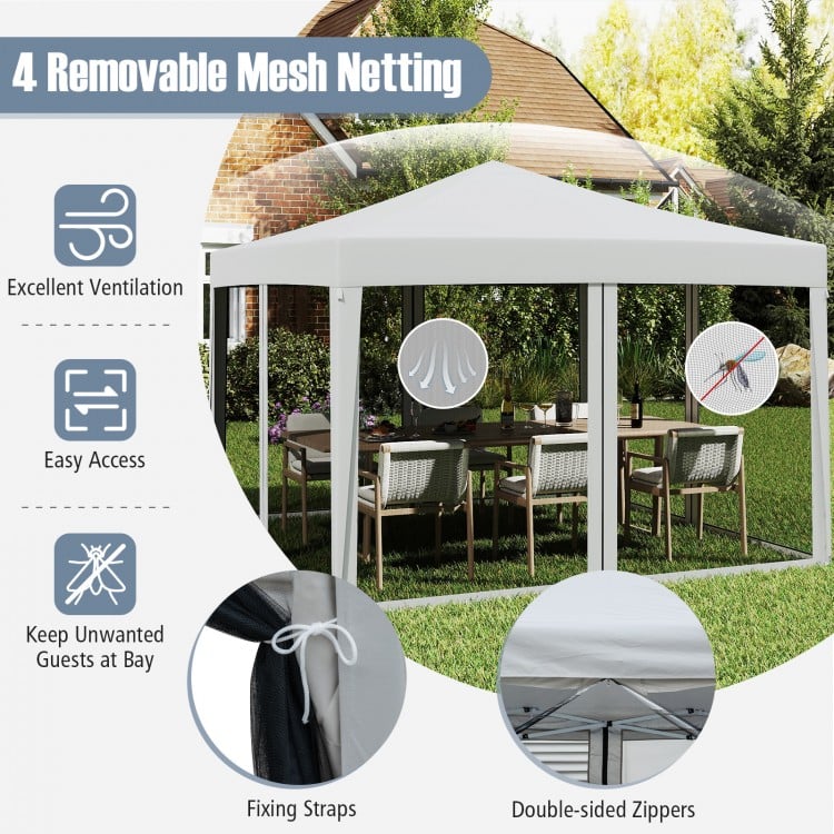 Pop-up canopy tent with beige 210D oxford fabric and 4 removable mesh netting for ventilation, ideal for outdoor events.