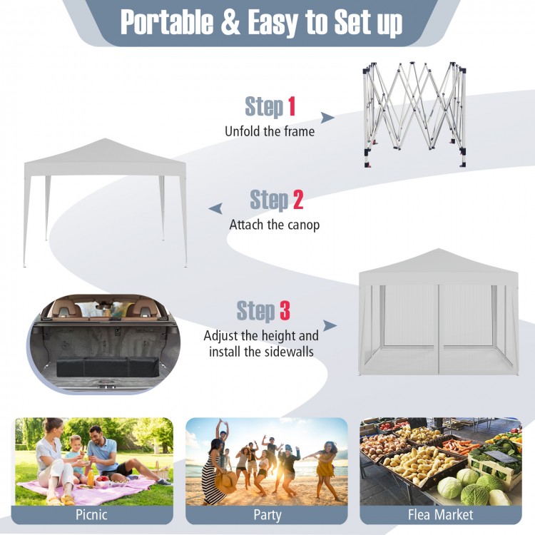 10 FT x 10 FT pop-up canopy tent in beige with mesh netting, ideal for outdoor parties, picnics, and flea markets.