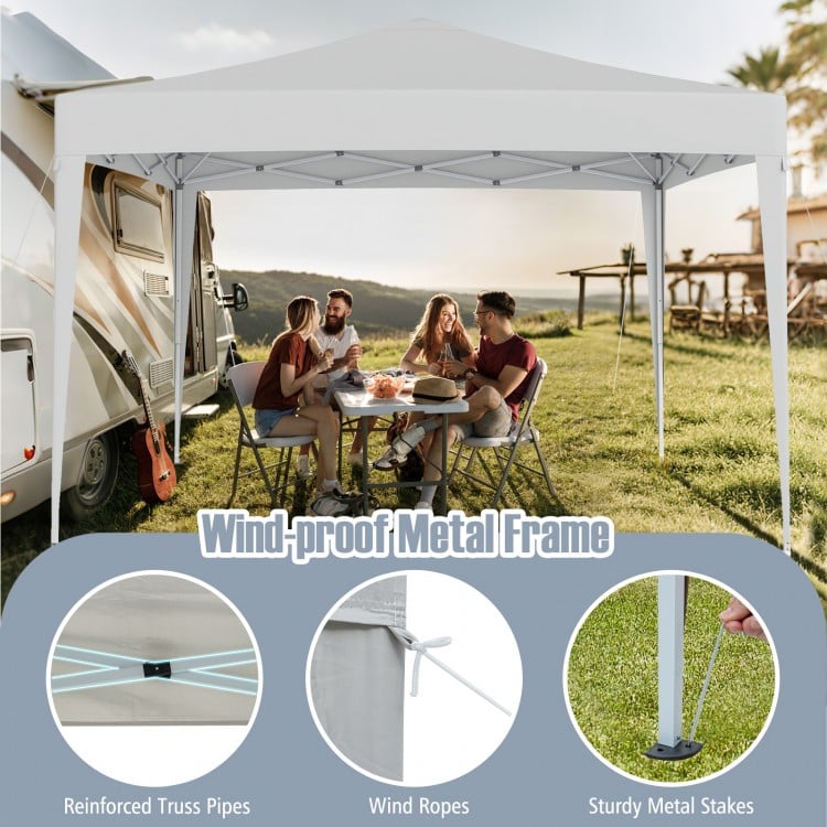 Pop-up canopy tent with beige 210D oxford fabric, featuring mesh netting, set up for outdoor gathering.