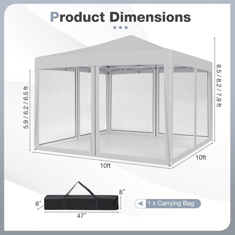 10 FT x 10 FT pop-up canopy tent with mesh netting, beige color, showing dimensions and carrying bag for easy transport.