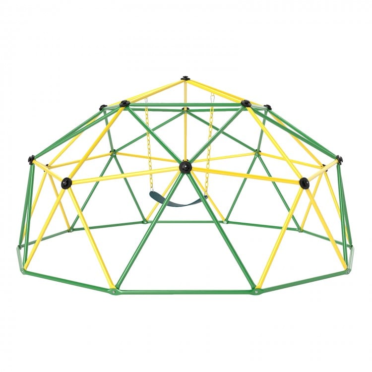 Dome climber with swing in green and yellow, 10 feet, 800 lbs capacity, perfect for backyard fun and safe climbing.