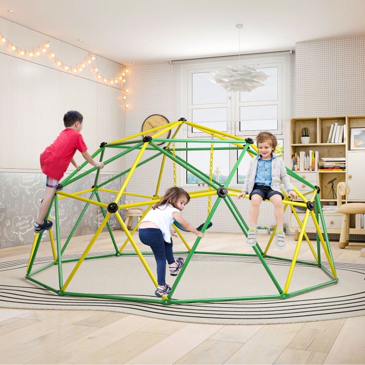 Dome climber with swing in green, featuring climbing bars and handles, suitable for indoor or outdoor play for kids.