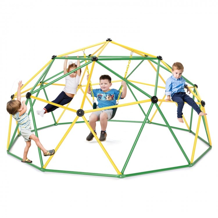 Dome climber with swing for kids, featuring durable metal pipes and 800 lbs capacity, ideal for backyard fun.