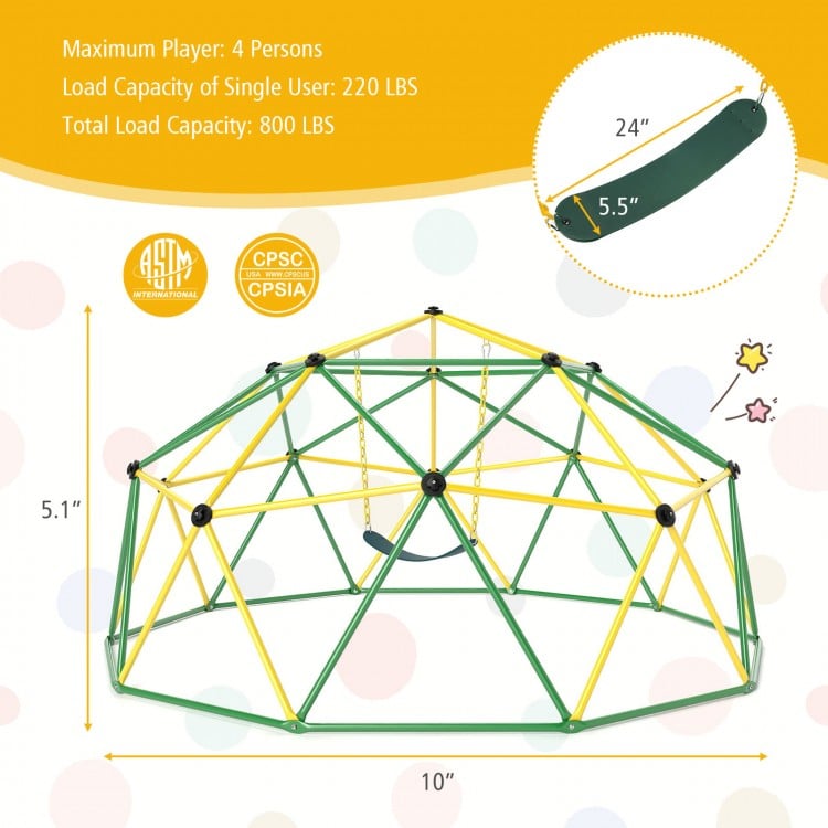 10 feet dome climber with swing, green metal frame, 800 lbs capacity, perfect for kids' outdoor play in backyard.