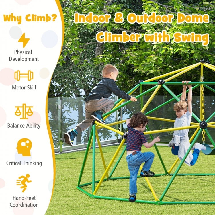 10 feet dome climber with swing, green metal pipes, designed for kids' physical development in gardens or backyards.