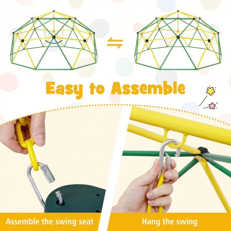 Dome climber assembly guide showing swing seat attachment and hanging process for the 10 Feet Green Dome Climber.