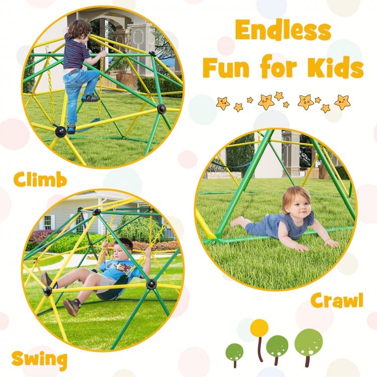 Dome climber with swing for kids, featuring durable metal pipes and safe climbing handles, perfect for backyard fun.
