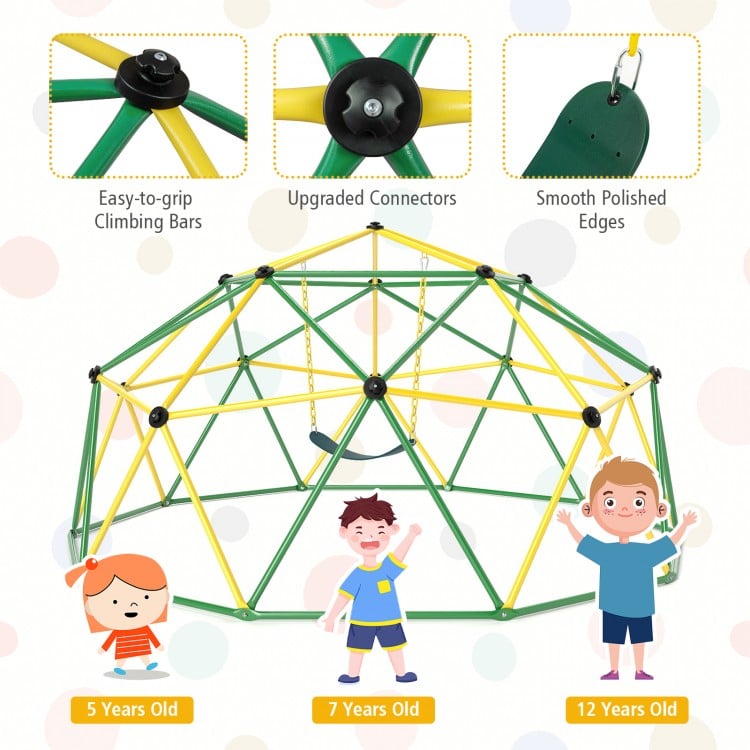 10 feet dome climber with swing, green metal pipes, and climbing bars, perfect for kids aged 5 to 10 for outdoor fun.