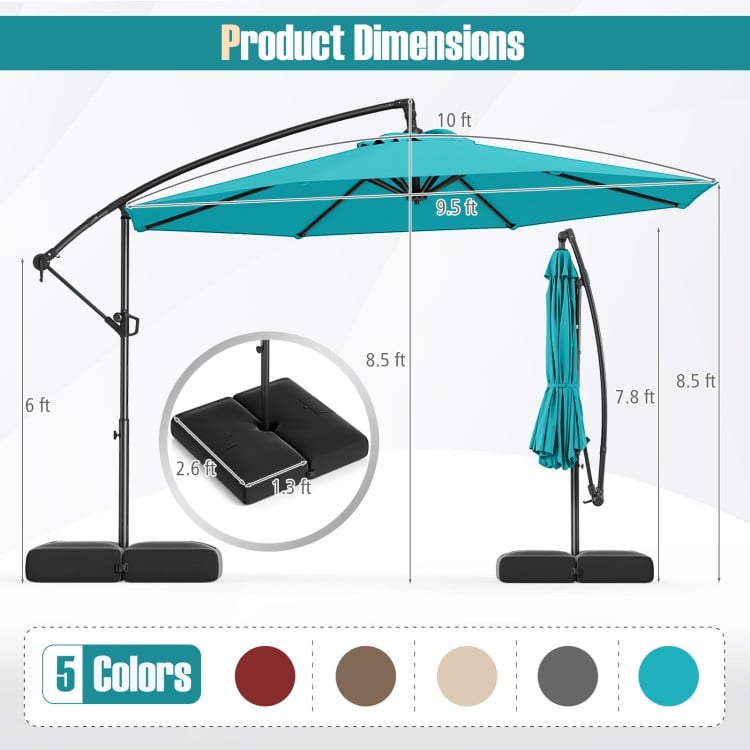 10 feet offset hanging umbrella in turquoise with tilt feature, base included for patio use and sun protection.