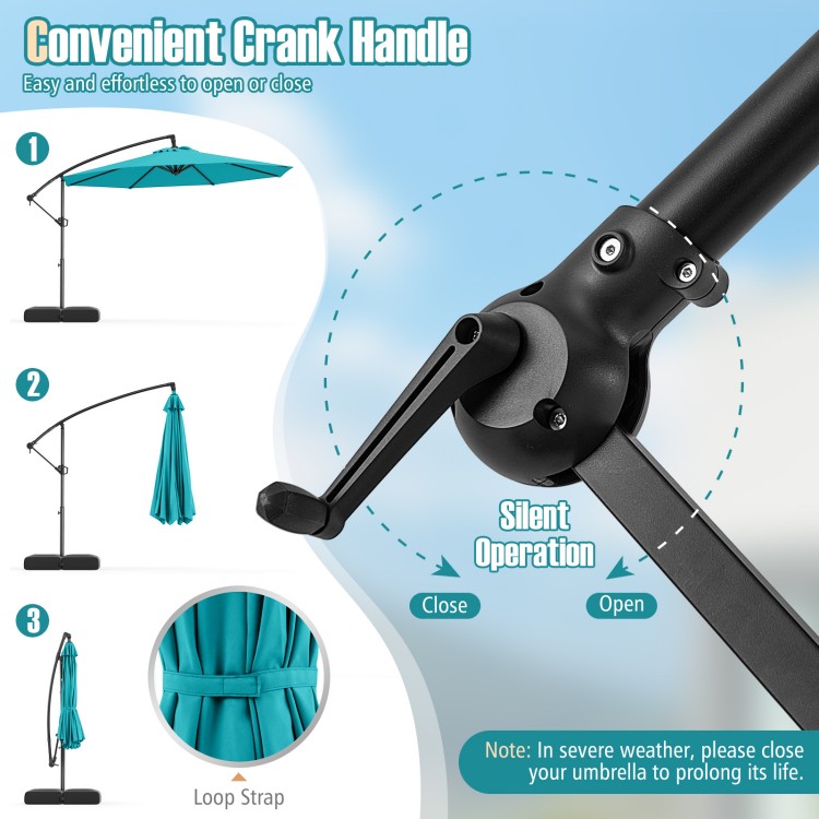 Offset hanging umbrella crank handle for easy operation, featuring a turquoise canopy and tilt adjustment for sun.
