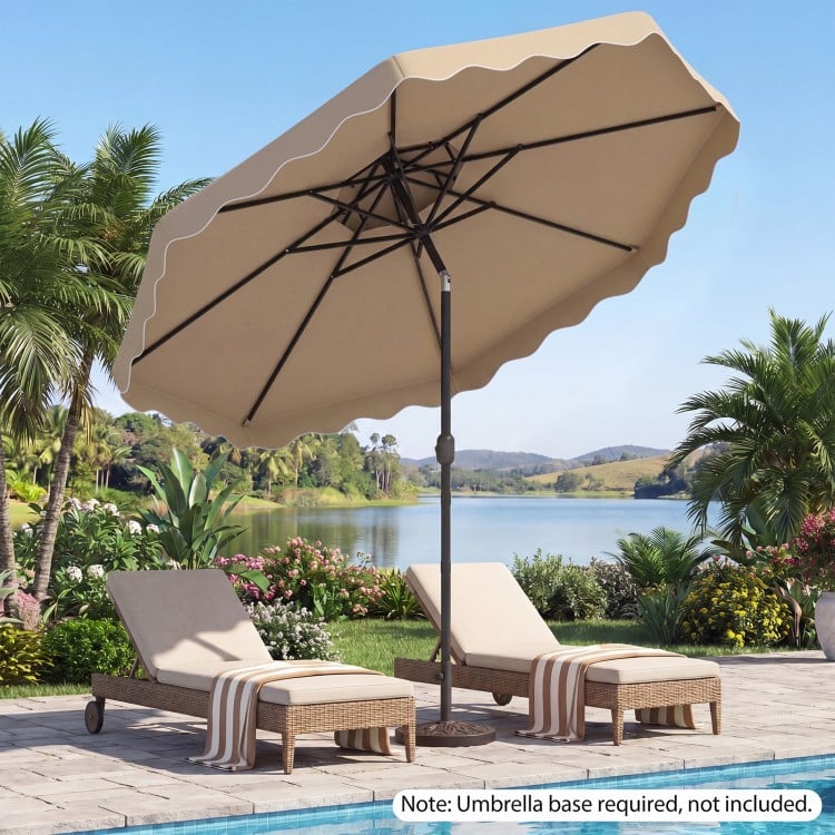 Patio umbrella with a 10 ft beige canopy, push-button tilt, and crank for easy adjustment, ideal for outdoor gatherings.