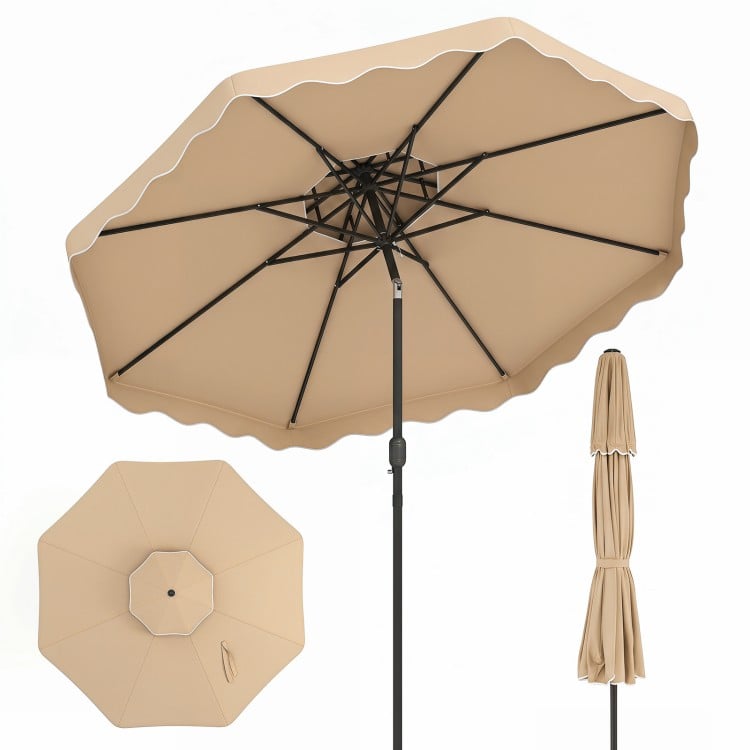 10 feet beige patio umbrella with push-button tilt and crank, featuring ruffled scallops for elegant outdoor shade.