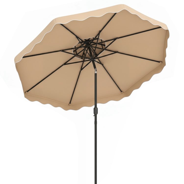 10-foot beige patio umbrella with push-button tilt and crank, featuring ruffled scallops for elegant outdoor shade.