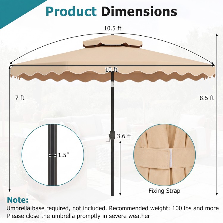 10 feet beige patio umbrella with push-button tilt and crank, featuring a vented double top for stability and elegance.