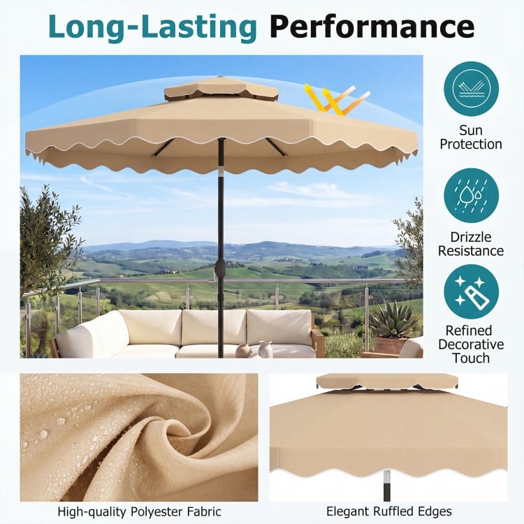 10-foot beige patio umbrella features a push-button tilt, crank handle, and ruffled edges for elegant outdoor shade.