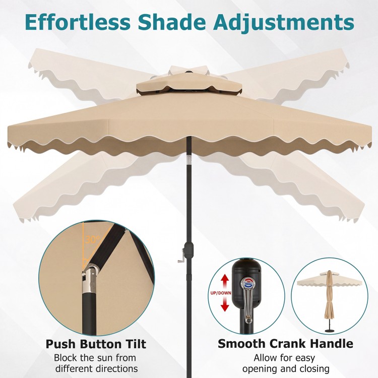 10 feet beige patio umbrella features push-button tilt and crank handle for easy shade adjustments and stability.