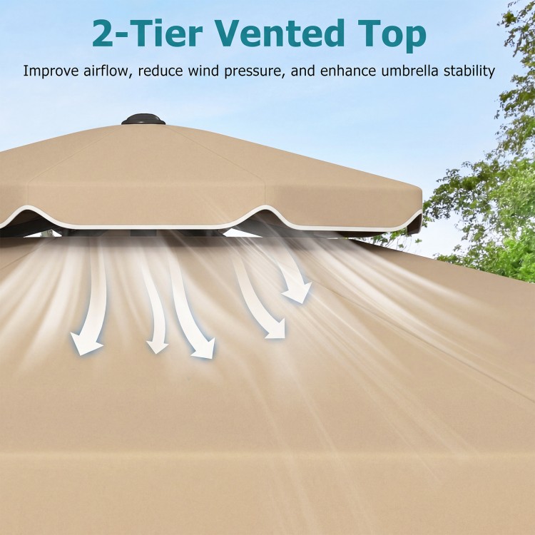 The 10-foot beige patio umbrella features a 2-tier vented top for improved airflow and stability during use.