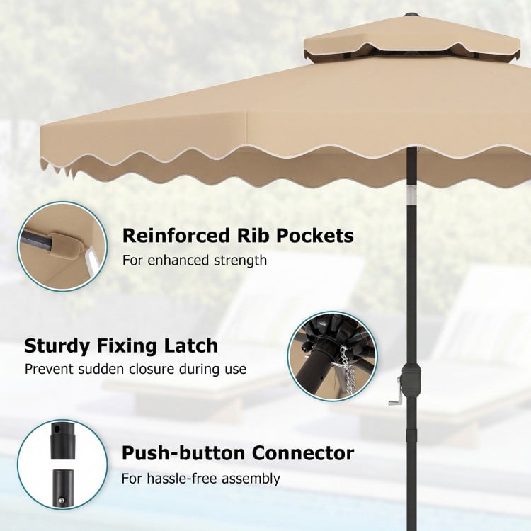 10 feet beige patio umbrella with push-button tilt, crank handle, and reinforced rib pockets for enhanced stability.