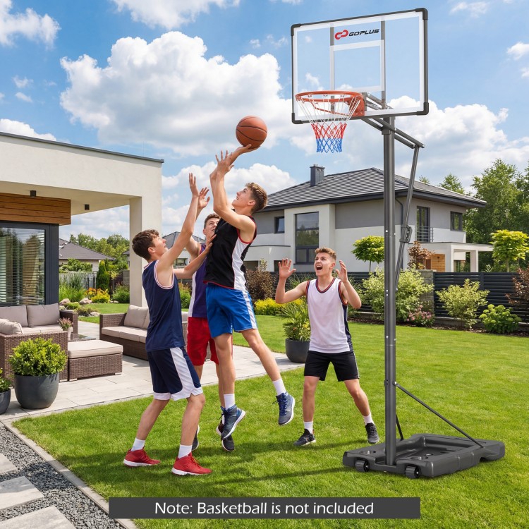 Portable 10 feet basketball hoop with adjustable height, shown in use outdoors for family fun and exercise.