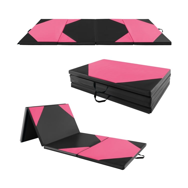 Folding exercise mat in black and pink, 10x4 feet, with carrying handles, ideal for gymnastics and kids' play.