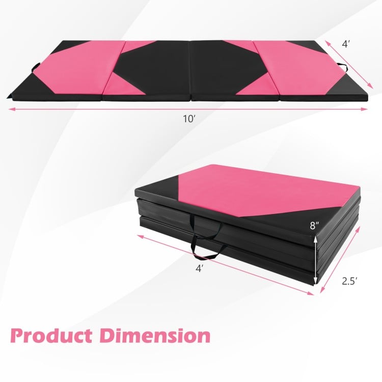 Folding exercise mat in black and pink, 10' x 4' x 2", featuring a four-fold design for easy storage and transport.