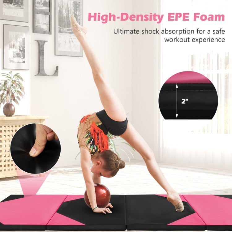 Folding exercise mat in black and pink, featuring high-density EPE foam, ideal for gymnastics and safe workouts.