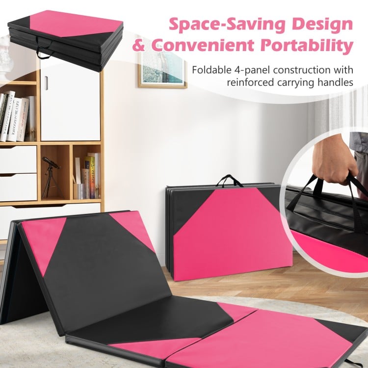 Folding exercise mat in black and pink, featuring a four-panel design and carrying handles for easy transport and.