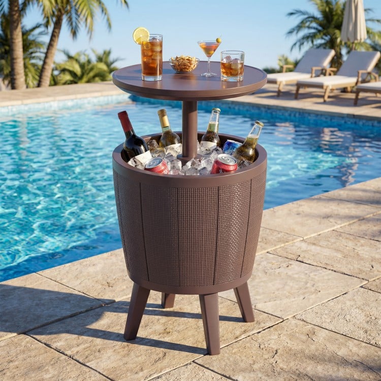 10-gallon brown beer and wine cooler with lift-top, shown by the poolside, doubles as a side table for outdoor use.